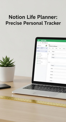 A clean desk with a gold ruler and a screen showing a Notion Life Planner overlay text Notion Life P.jpg