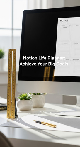 A clean desk with a gold ruler and a screen showing a Notion Life Planner overlay text Notion Life P.jpg