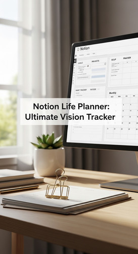A clean desk with a gold paperclip and a screen showing a Notion Life Planner overlay text Notion Li.jpg