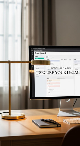 A clean desk with a gold lamp and a screen showing a Notion Life Planner overlay text Notion Life Pl.jpg