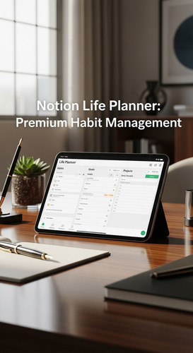 A luxury workspace with a tablet showing a Life Planner overlay text Notion Life Planner Premium Hab.jpg
