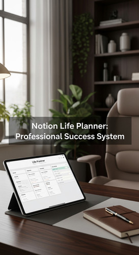A luxury workspace with a tablet showing a Life Planner overlay text Notion Life Planner Professiona.jpg