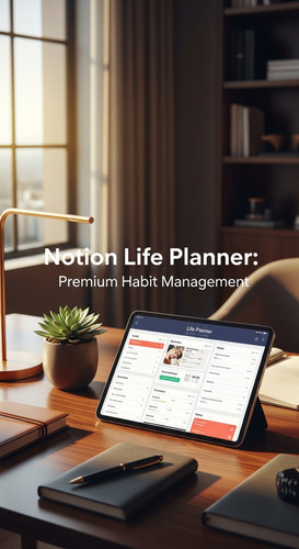 A luxury workspace with a tablet showing a Life Planner overlay text Notion Life Planner Premium Hab.jpg