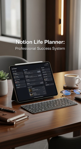 A luxury workspace with a tablet showing a Life Planner overlay text Notion Life Planner Professiona.jpg