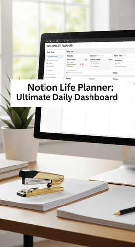 A clean desk with a gold staple remover and a screen showing a Notion Life Planner overlay text Noti.jpg