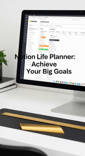 A clean desk with a gold ruler and a screen showing a Notion Life Planner overlay text Notion Life P.jpg