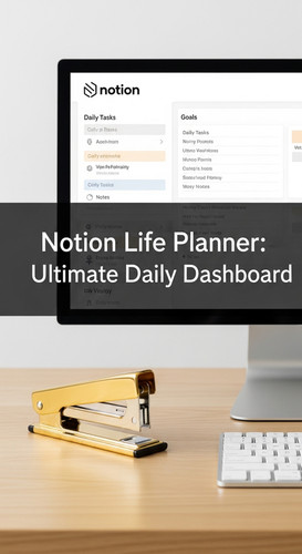 A clean desk with a gold staple remover and a screen showing a Notion Life Planner overlay text Noti.jpg