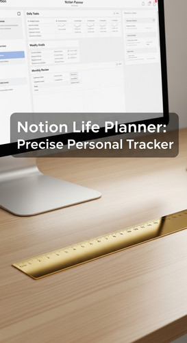 A clean desk with a gold ruler and a screen showing a Notion Life Planner overlay text Notion Life P.jpg