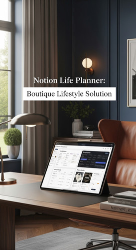 A luxury home office with a tablet showing a Notion Life Planner overlay text Notion Life Planner Bo.jpg