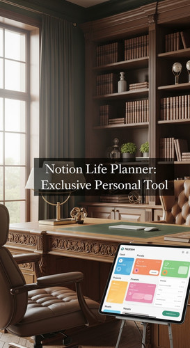 A luxury home office with a tablet showing a Notion Life Planner overlay text Notion Life Planner Ex.jpg