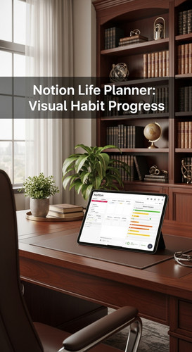 A luxury home office with a Notion Life Planner on a tablet overlay text Notion Life Planner Visual .jpg
