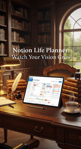 A luxury home library desk with a tablet showing a Notion Life Planner overlay text Notion Life Plan.jpg