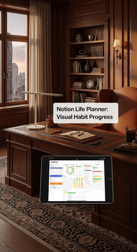 A luxury home office with a Notion Life Planner on a tablet overlay text Notion Life Planner Visual .jpg