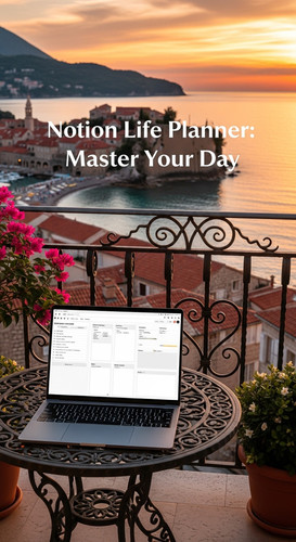 A luxury European balcony in Budva with a laptop showing a Notion Life Planner overlay text Notion L.jpg