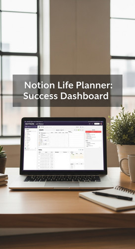 A bright studio with a laptop showing a Notion Life Planner overlay text Notion Life Planner Visual .jpg