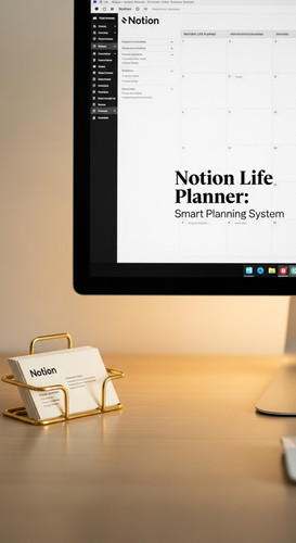 A clean desk with a gold business card holder and a screen showing a Notion Life Planner overlay tex.jpg