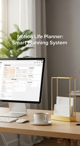 A clean desk with a gold business card holder and a screen showing a Notion Life Planner overlay tex.jpg