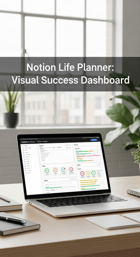 A bright studio with a laptop showing a Notion Life Planner overlay text Notion Life Planner Visual .jpg