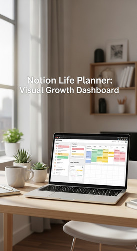 A bright studio with a laptop showing a Notion Life Planner overlay text Notion Life Planner Visual .jpg