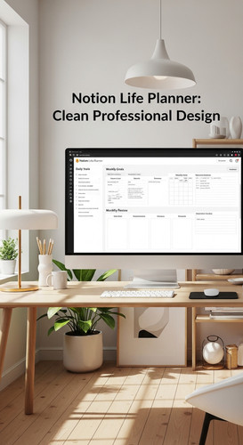 A bright studio with a Notion Life Planner on screen overlay text Notion Life Planner Clean Professi.jpg