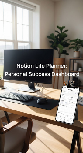 A bright home office with a phone showing a Notion Life Planner overlay text Notion Life Planner Per.jpg