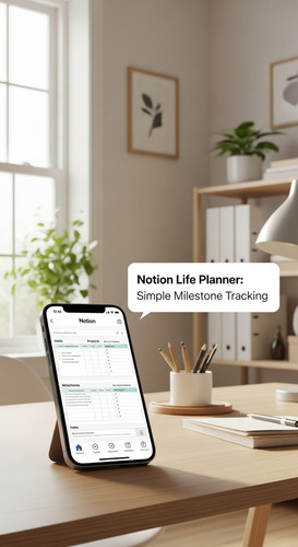 A bright home office with a phone showing a Notion Life Planner overlay text Notion Life Planner Sim.jpg