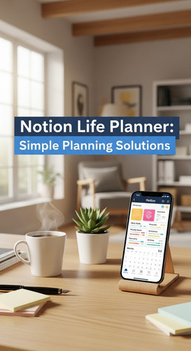 A bright home office with a phone showing a Notion Life Planner overlay text Notion Life Planner Sim.jpg
