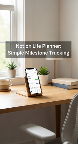 A bright home office with a phone showing a Notion Life Planner overlay text Notion Life Planner Sim.jpg