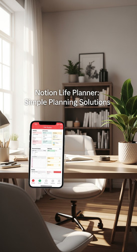 A bright home office with a phone showing a Notion Life Planner overlay text Notion Life Planner Sim.jpg