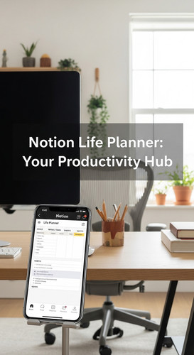 A bright home office with a phone showing a Notion Life Planner overlay text Notion Life Planner You.jpg