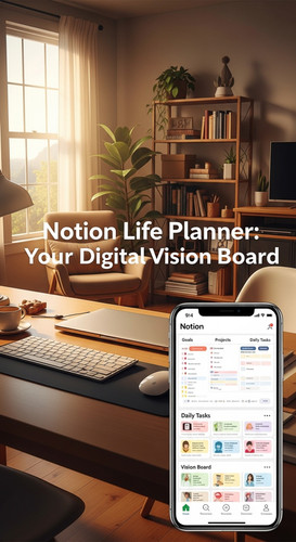 A bright home office with a phone showing a Notion Life Planner overlay text Notion Life Planner You.jpg