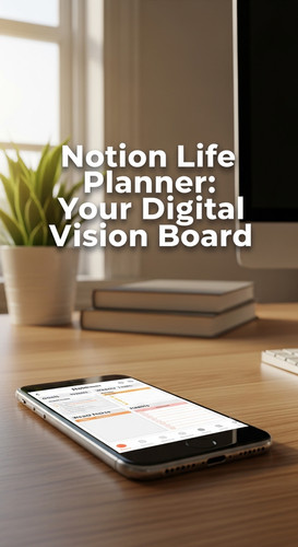 A bright home office with a phone showing a Notion Life Planner overlay text Notion Life Planner You.jpg