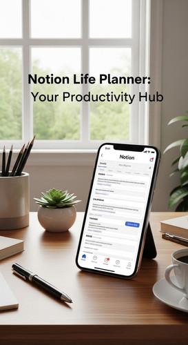 A bright home office with a phone showing a Notion Life Planner overlay text Notion Life Planner You.jpg