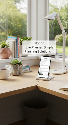 A bright modern home office with a phone showing a Notion Life Planner overlay text Notion Life Plan.jpg