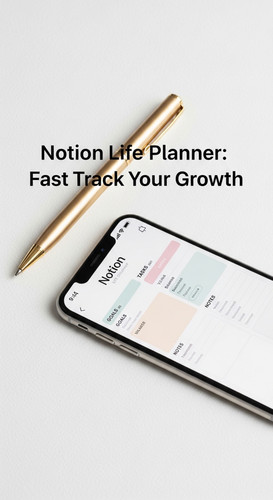 A minimalist flatlay with a gold pen and a phone showing a Notion Life Planner overlay text Notion L.jpg