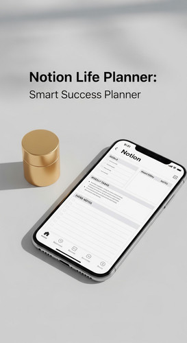 A minimalist flatlay with a gold paperweight and a phone showing a Notion Life Planner overlay text .jpg