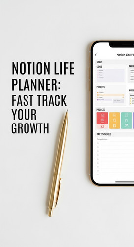 A minimalist flatlay with a gold pen and a phone showing a Notion Life Planner overlay text Notion L.jpg