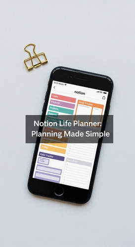 A minimalist flatlay with a gold paperclip and a phone showing a Notion Life Planner overlay text No.jpg