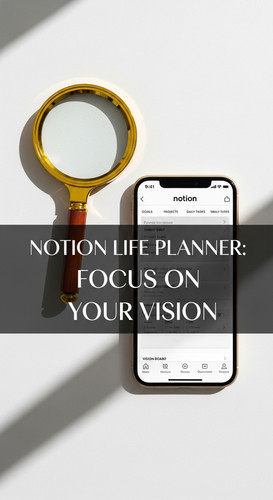 A minimalist flatlay with a gold magnifying glass and a phone showing a Notion Life Planner overlay .jpg