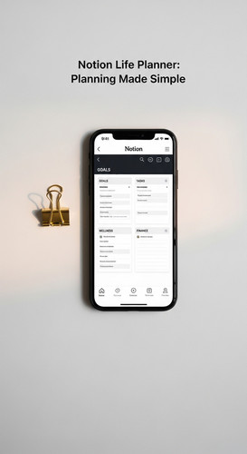 A minimalist flatlay with a gold paperclip and a phone showing a Notion Life Planner overlay text No.jpg