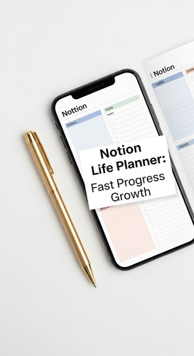 A minimalist flatlay with a gold pen and a phone showing a Notion Life Planner overlay text Notion L.jpg