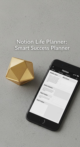 A minimalist flatlay with a gold paperweight and a phone showing a Notion Life Planner overlay text .jpg
