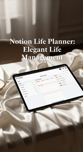 A desk draped in silk and a tablet showing a Notion Life Planner overlay text Notion Life Planner El.jpg