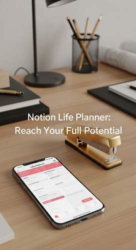 A designer desk with a gold stapler and a phone showing a Life Planner overlay text Notion Life Plan.jpg