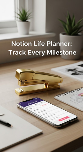 A designers desk with a gold stapler and a phone showing a Life Planner overlay text Notion Life Pla.jpg