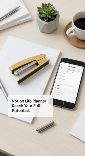 A designer desk with a gold stapler and a phone showing a Life Planner overlay text Notion Life Plan.jpg