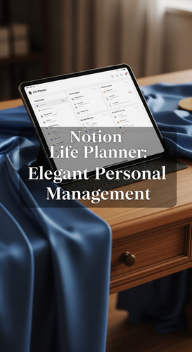 A desk draped in silk and a tablet showing a Notion Life Planner overlay text Notion Life Planner El.jpg