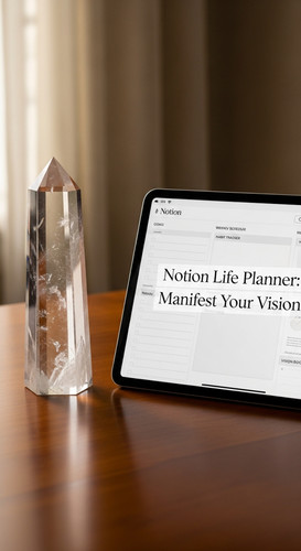 A desk with a crystal and a tablet showing a Notion Life Planner overlay text Notion Life Planner Ma.jpg