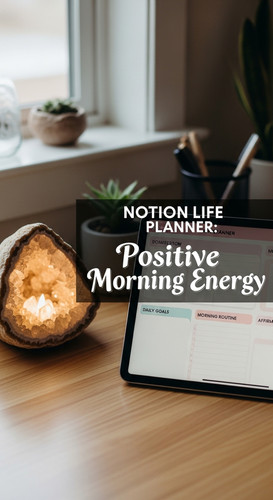 A desk with a crystal and a tablet showing a Notion Life Planner overlay text Notion Life Planner Po.jpg