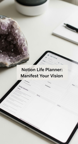 A desk with a crystal and a tablet showing a Notion Life Planner overlay text Notion Life Planner Ma.jpg
